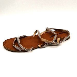 Now or Never Womens Sandal Pretoria Silver Rhinestones Ankle Strap  Flat Heel 10